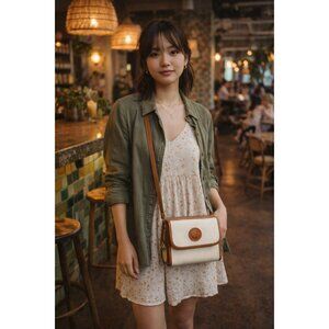 VTG Dooney & Bourke Vintage Organizer Crossbody Bag Cream & Tan Pebbled Leather